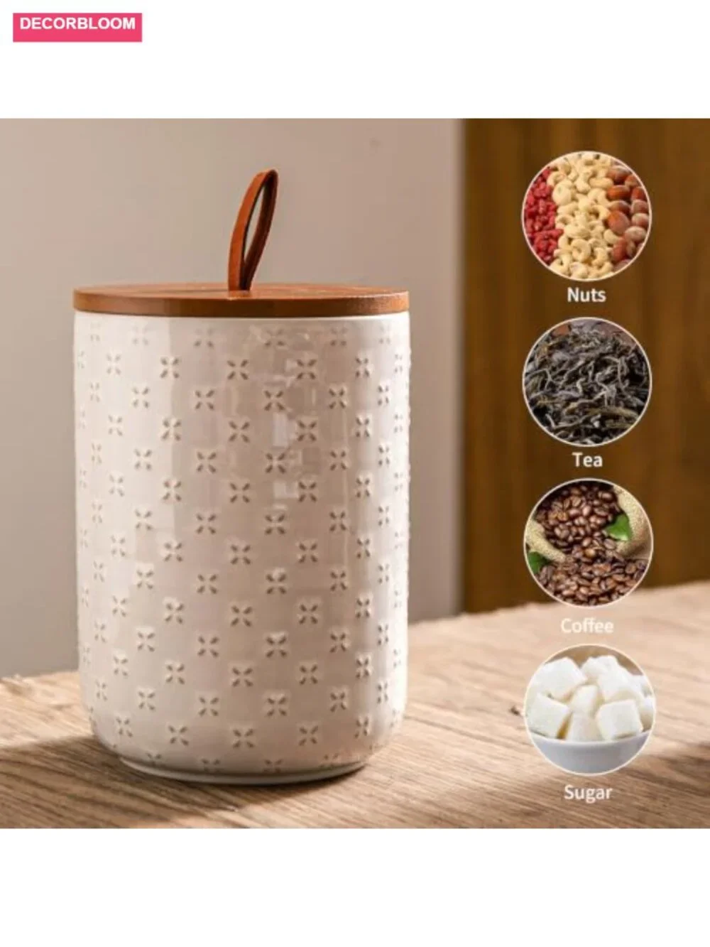 Embossed Ceramic Canister Set with Airtight Bamboo Lids